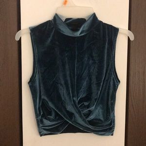 Velvet mock neck wrapped teal crop top